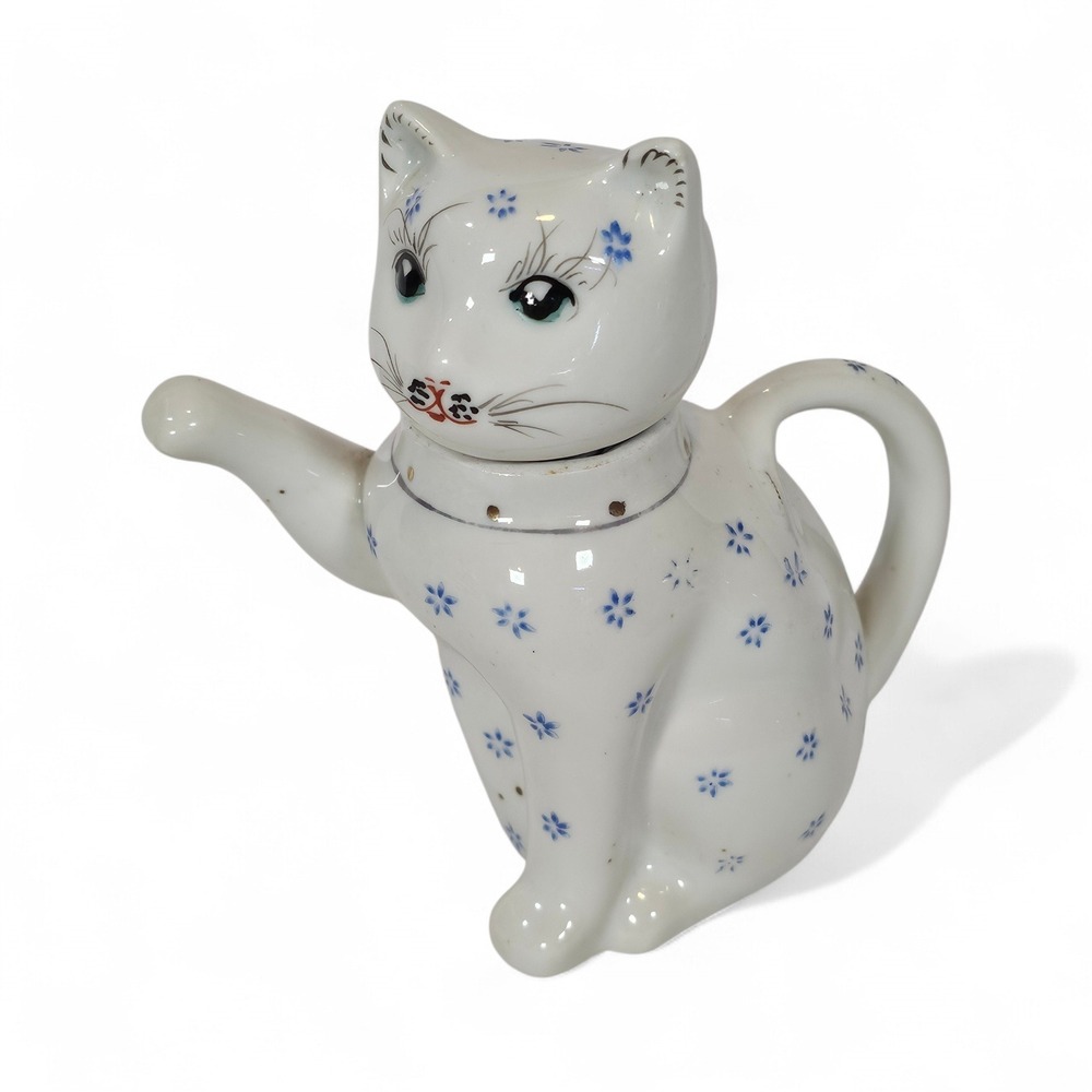 Vintage Ceramic Cat Teapot Blue White Floral Hand Painted Made in China 5.5in